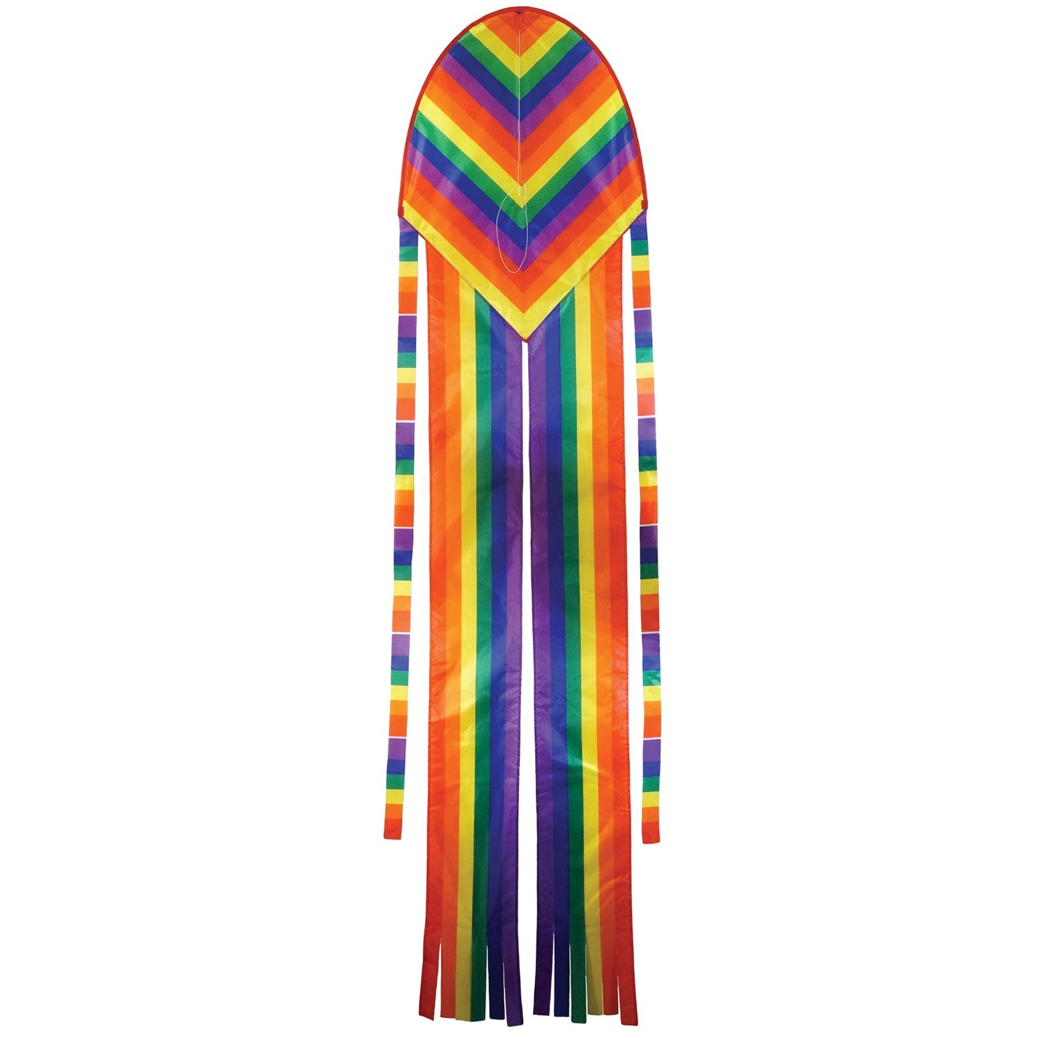 Alt text: "22-inch Rainbow Stripe Dancing Dragon Kite, featuring colorful tails and ripstop fabric, soaring in a sunny sky.