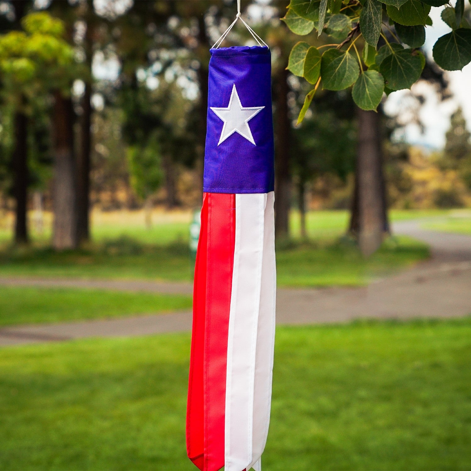 **Alt Text:** "Texas 18-inch windsock displaying the Texas flag and star, fluttering in the breeze with vibrant color-coordinated tails.