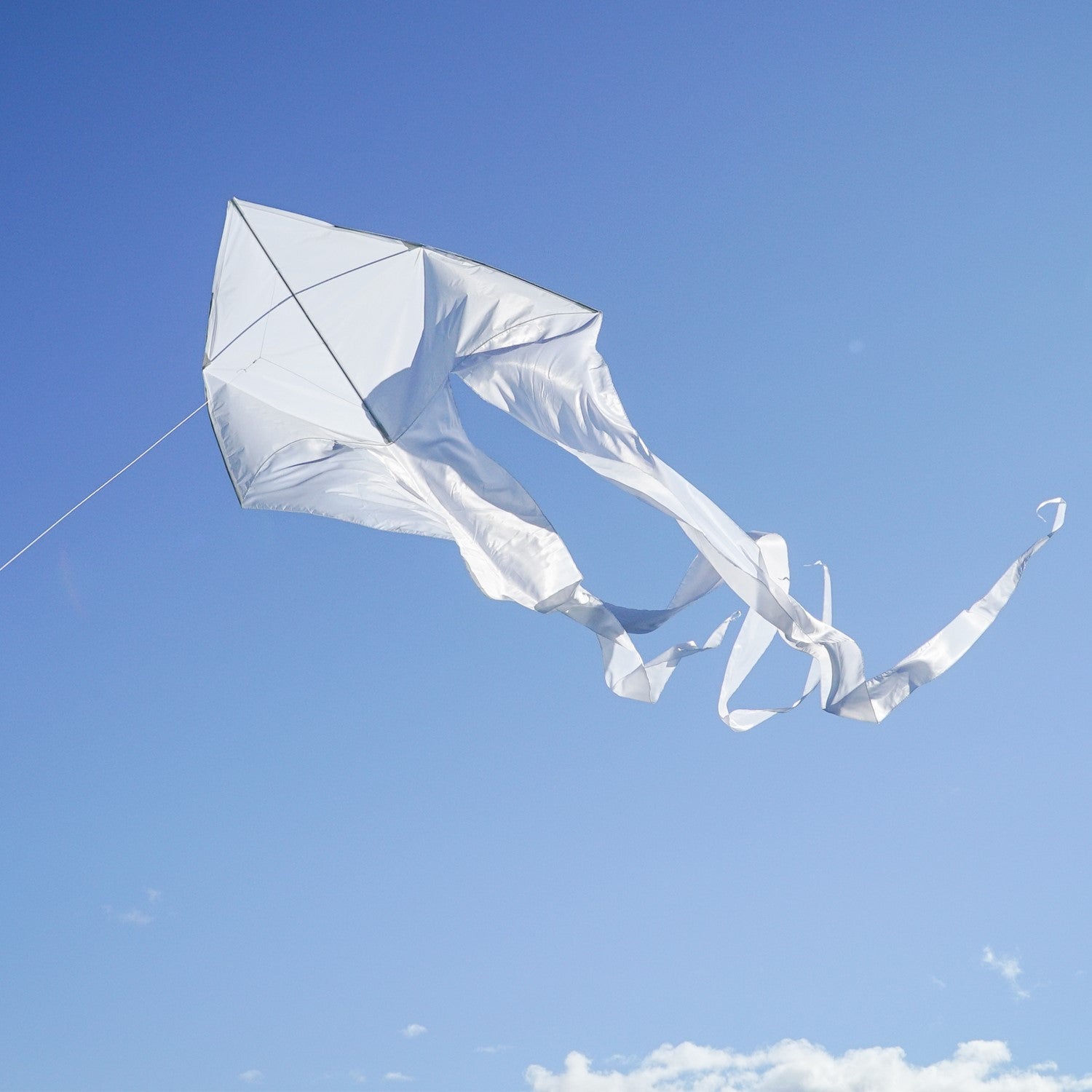Alt Text: "White 77" Wave Delta Kite soaring in the sky with flowing tails, designed for family fun and outdoor adventures.