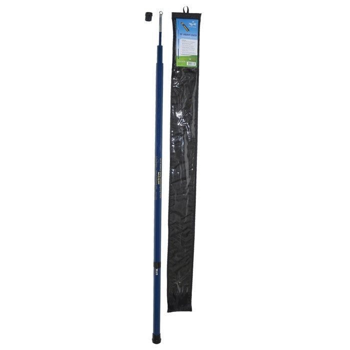 Alt Text: "10' Heavy Duty Telescoping Pole made from reinforced fiberglass, shown fully extended outdoors displaying a colorful flag.