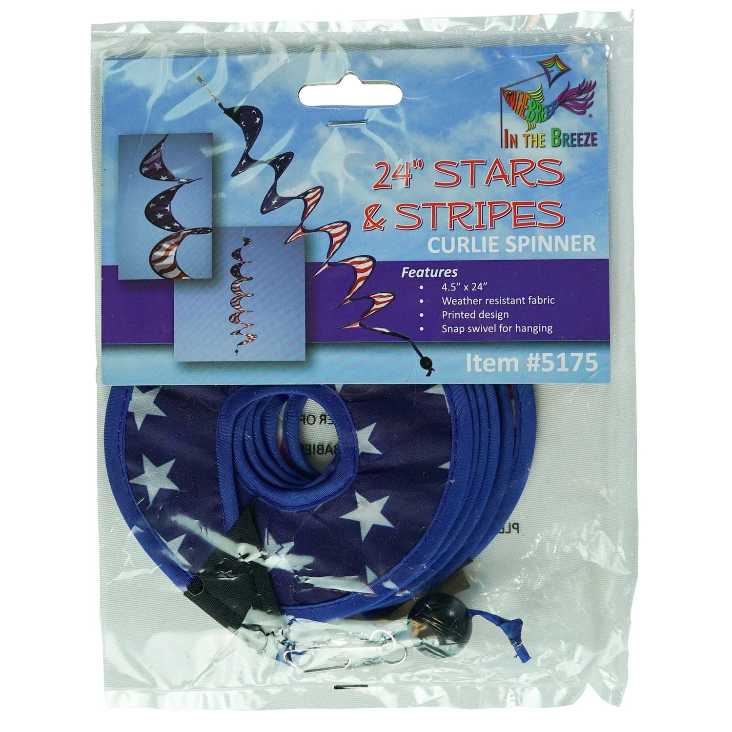 Alt Text: 24" Stars and Stripes Curlie spinning in the breeze, showcasing vibrant red, white, and blue colors against a sunny outdoor backdrop.