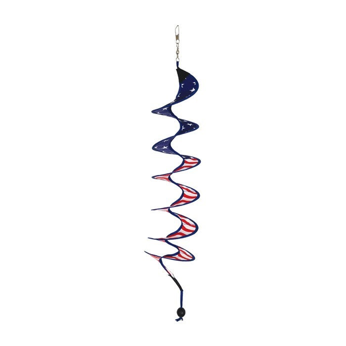 Alt Text: 24" Stars and Stripes Curlie spinning in the breeze, showcasing vibrant red, white, and blue colors against a sunny outdoor backdrop.