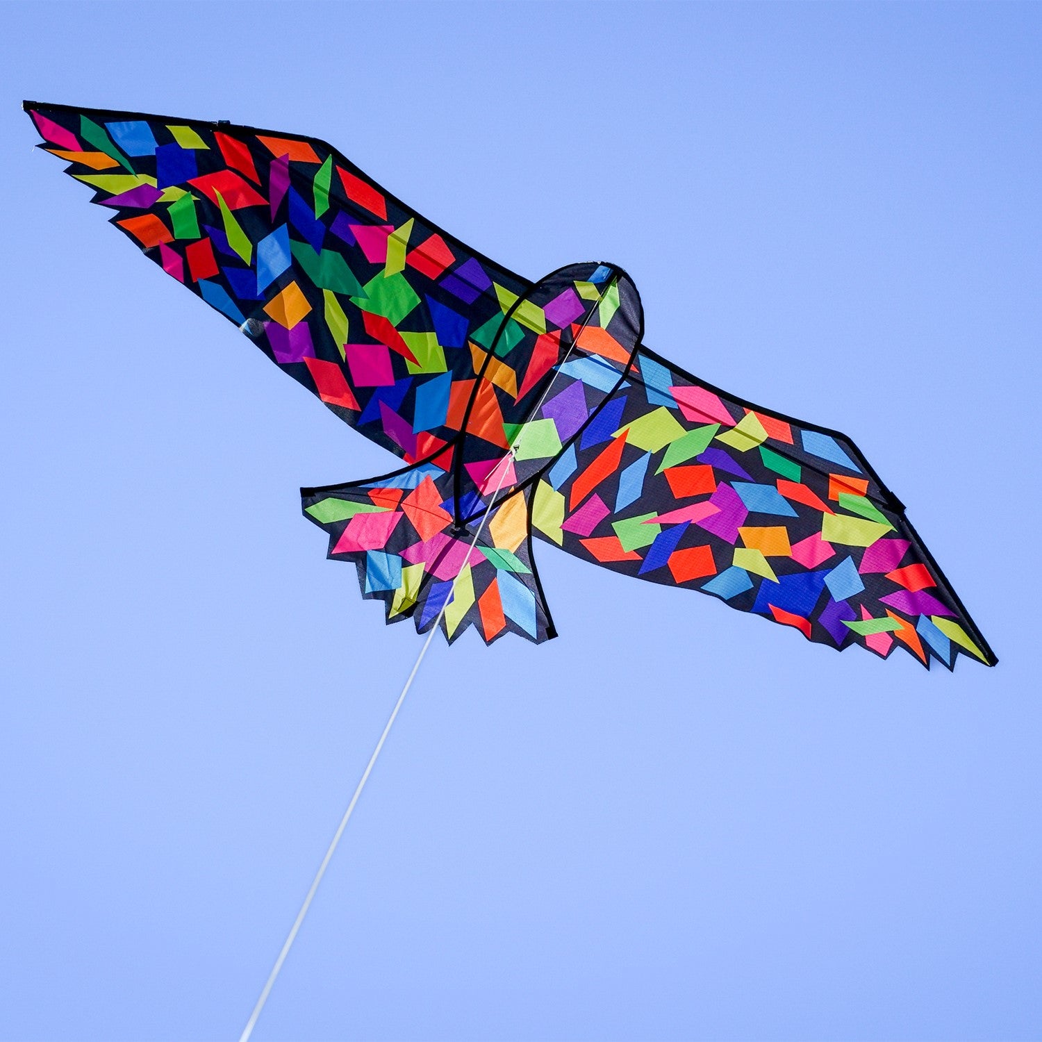 Alt text: "Colorful 70-inch Confetti Bird Kite soaring in a clear blue sky, showcasing its vibrant abstract design and equipped with a sturdy kite string.