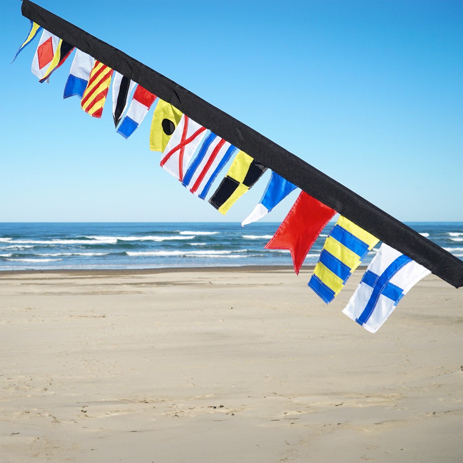 Alt Text: 8-foot Signal Flag Pennant Banner showcasing vibrant colored flags fluttering on a pole, ideal for events and businesses.