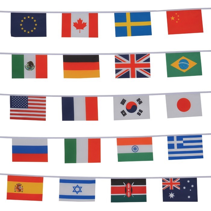 Colorful International String of Flags displayed outdoors, featuring twenty 6x9 flags from various countries hanging along a 24.5-foot cord.
