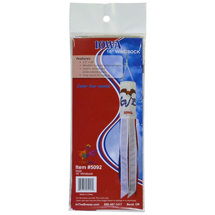 The Iowa 18" Windsock features bright colors in an eye-catching design with colorful tails fluttering in the breeze, perfect for outdoor display and showcasing state pride.