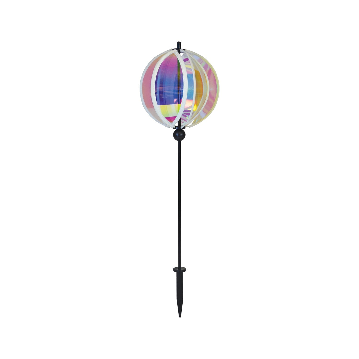 Iridescent 6-inch Gazing Ball Spinner with opalescent finish, reflecting sunlight in an outdoor garden setting, mounted on a sturdy fiberglass pole.