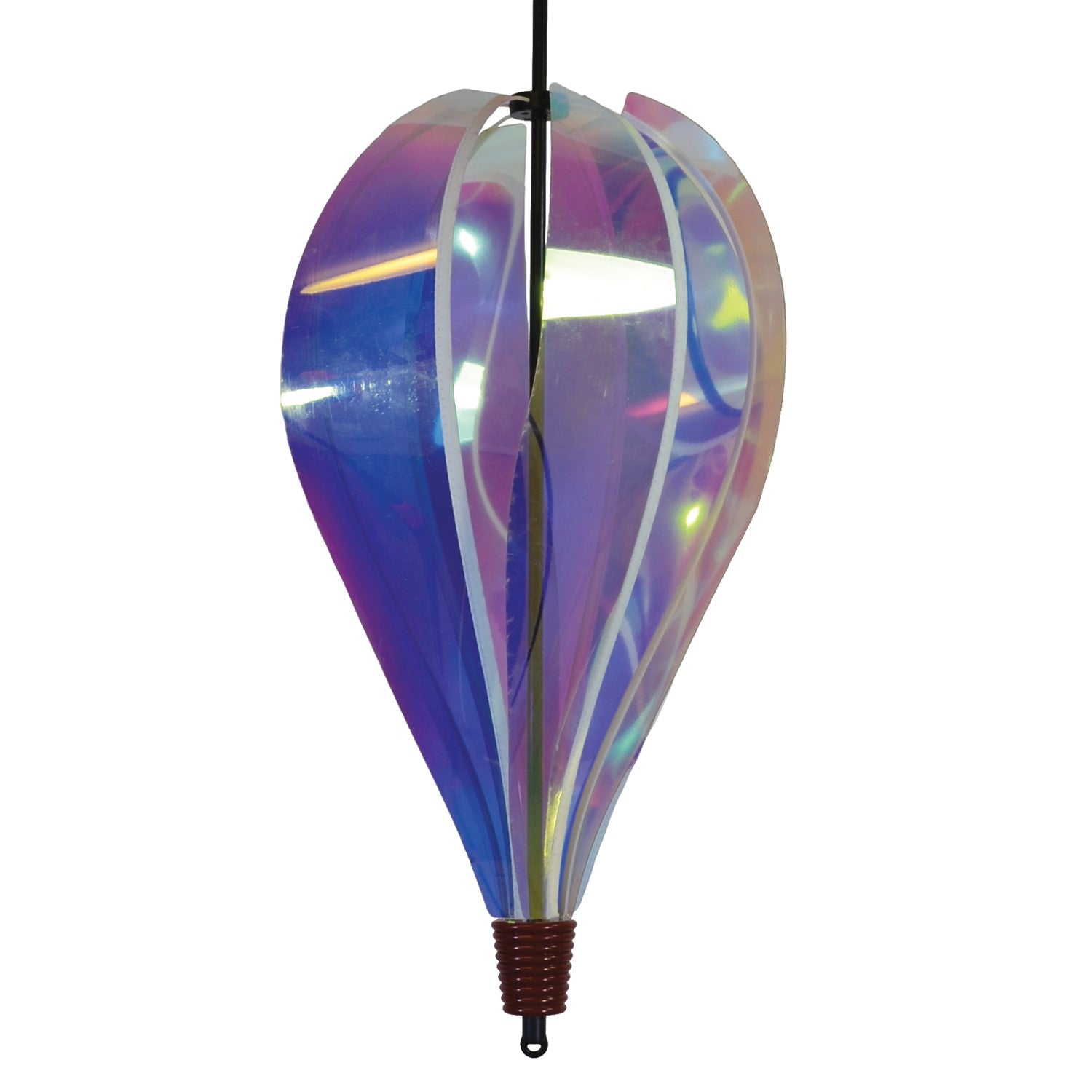Iridescent 6-Panel Hot Air Balloon spinner gracefully spinning in an outdoor garden setting, showcasing its vibrant and colorful panels.