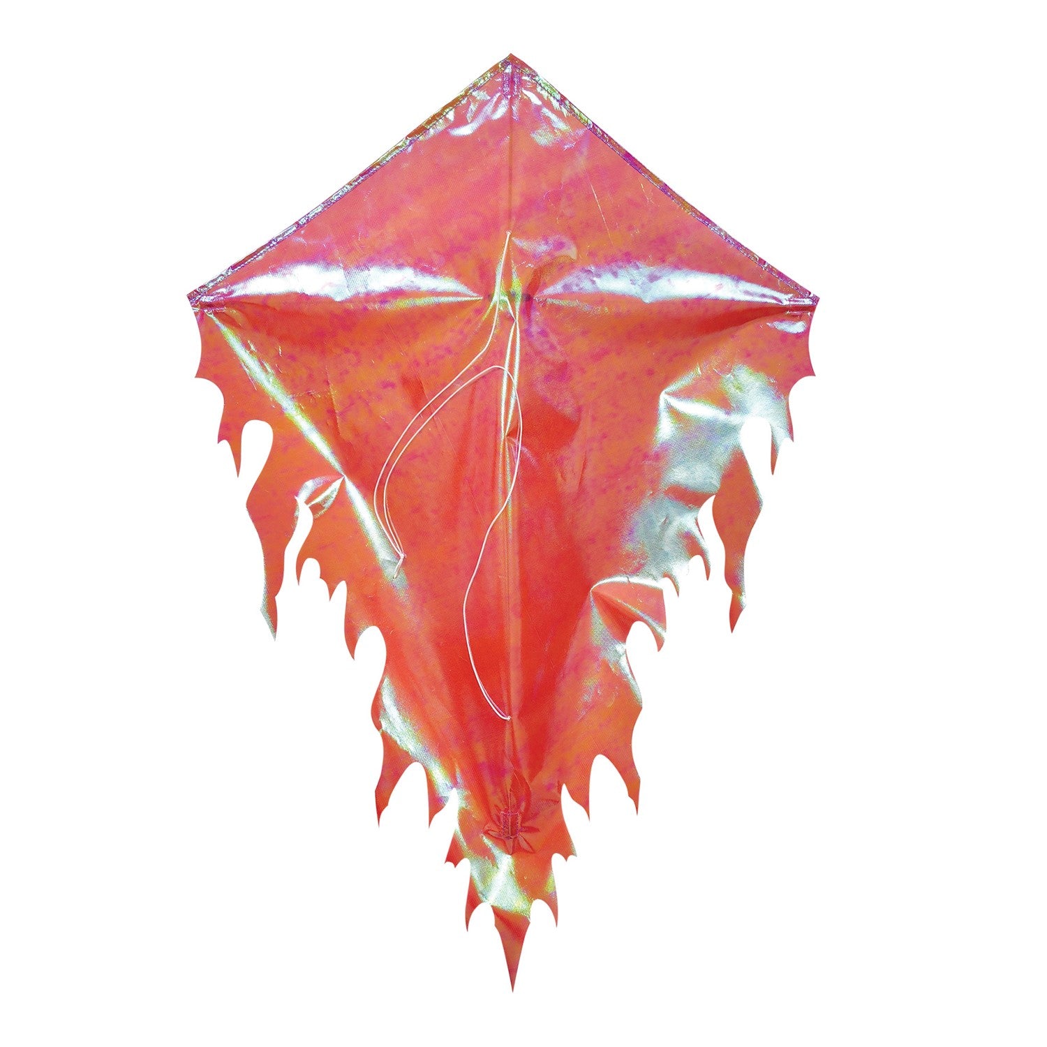 Iridescent Flame 24\" Diamond Kite featuring vibrant orange fabric and flame-like edges flying against a bright blue sky.