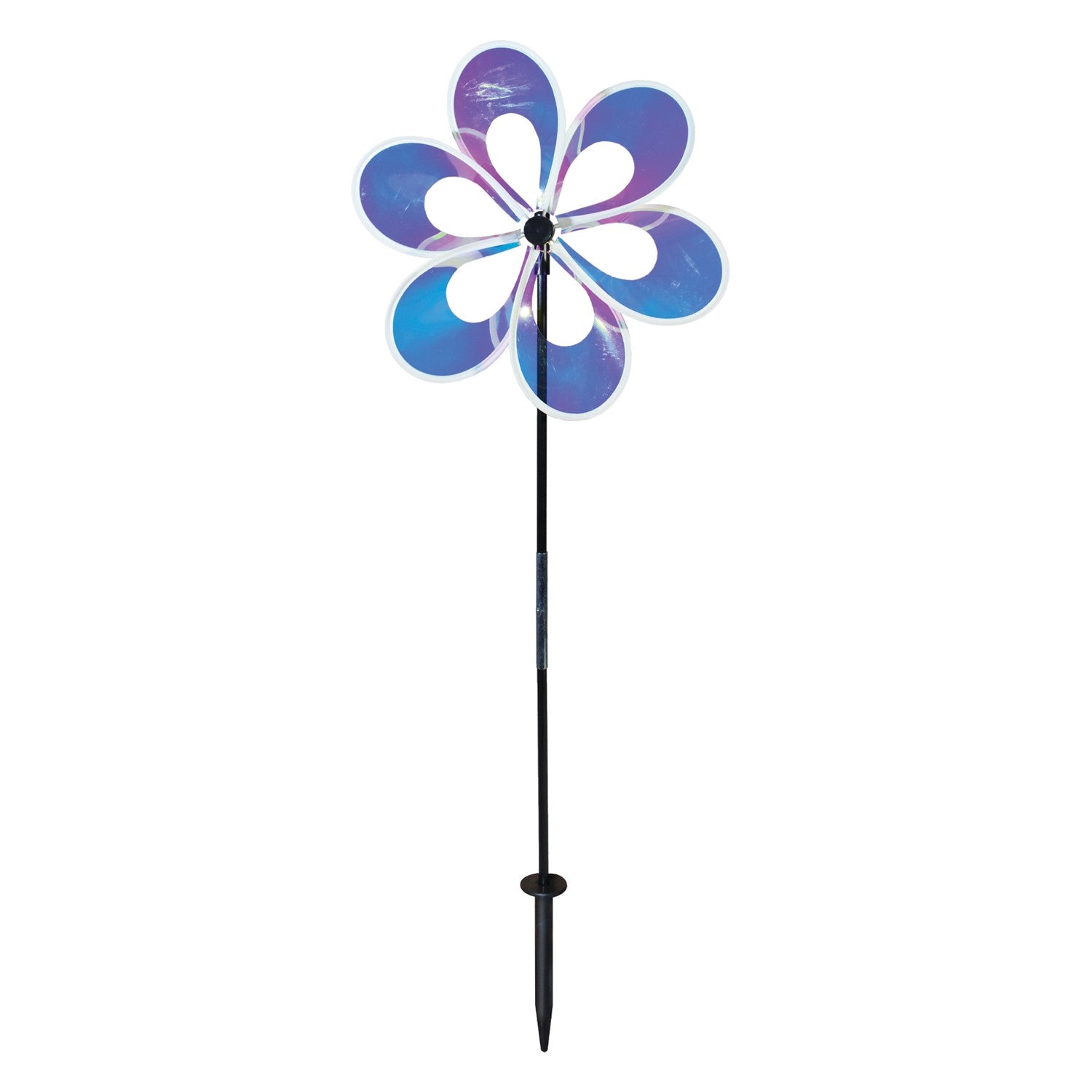 Colorful 13.5" Iridescent Windee Wheelz Spinner with transparent petals spinning in the garden under sunlight.