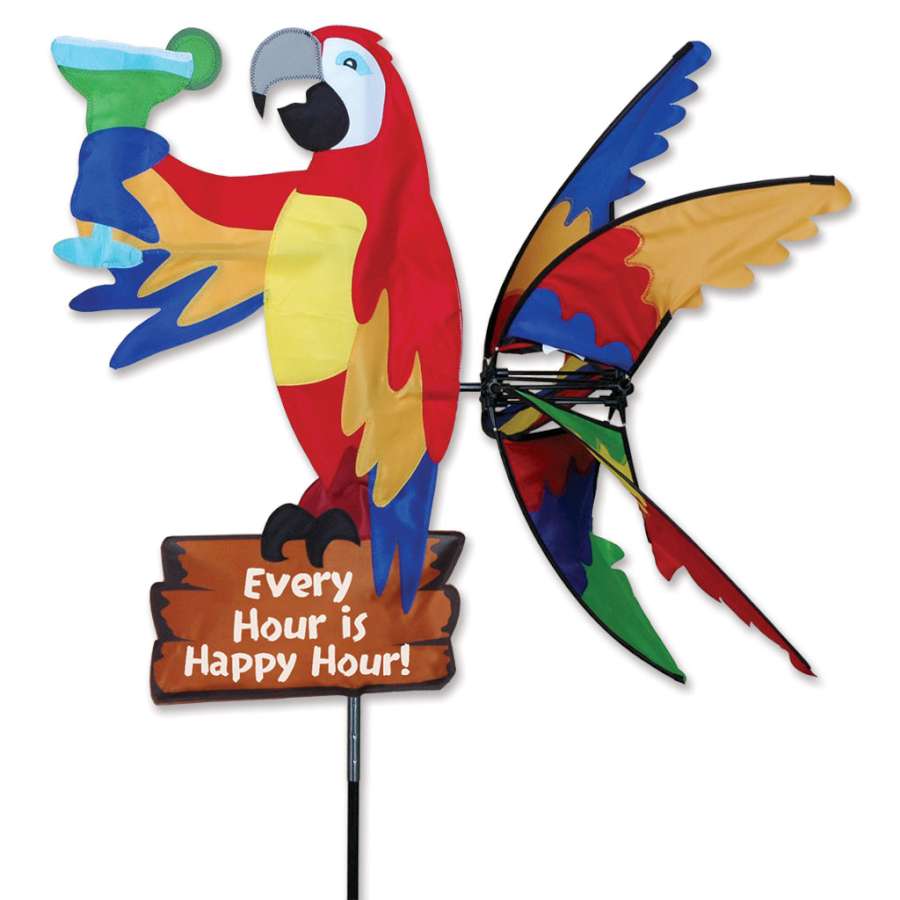 33 in. Island Parrot Spinner with colorful parrot design and the phrase 'Every Hour is Happy Hour' displayed outdoors on a sunny day.