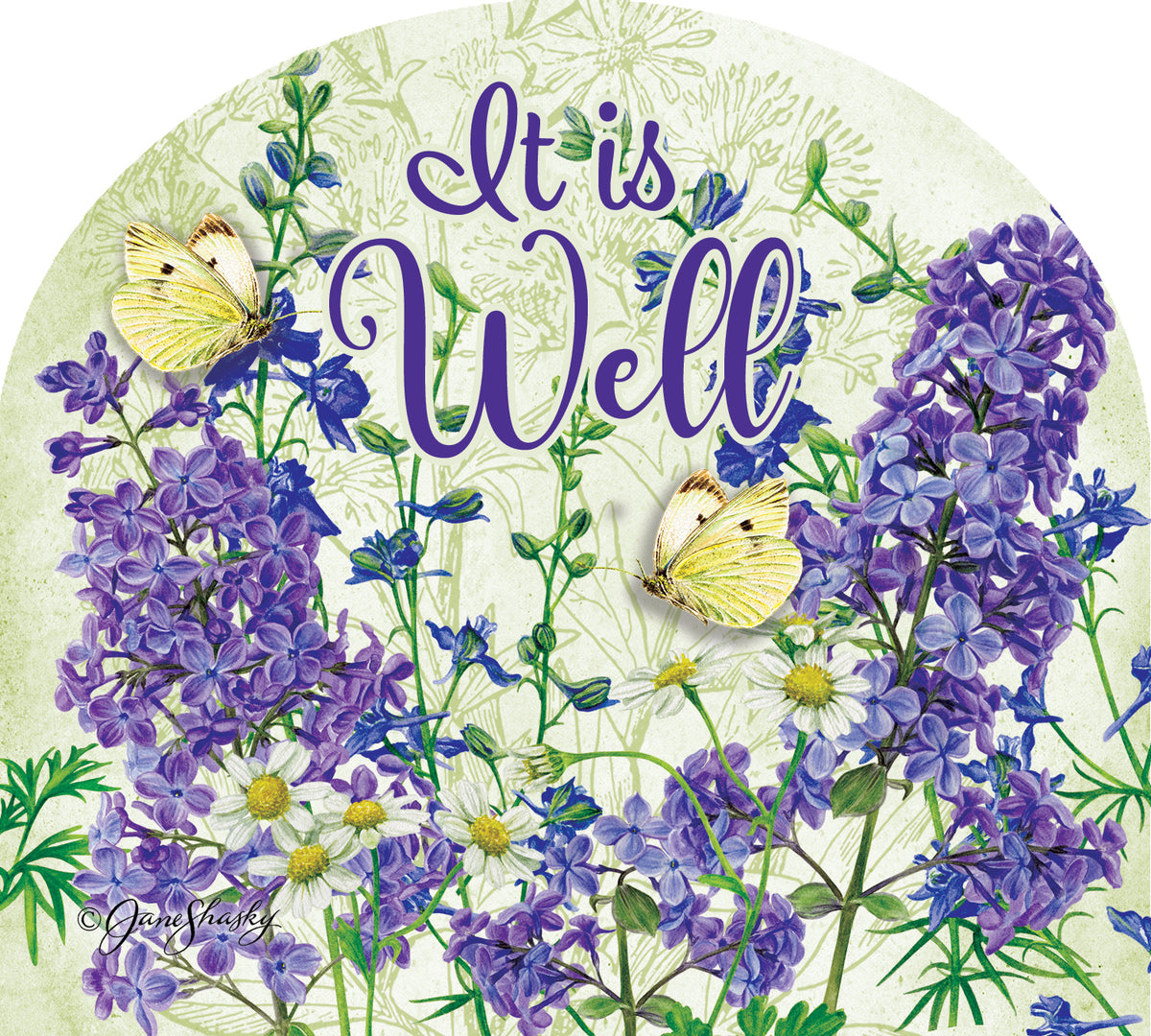 It is Well Arbor Mate decorative panel showcasing an inspirational design, displayed in a garden setting with flowers around.