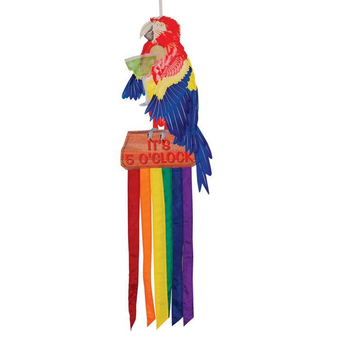 Colorful It's Five O'Clock Parrot Windtail hanging outdoors, featuring bright parrot graphics and fluttering tails in a garden setting.