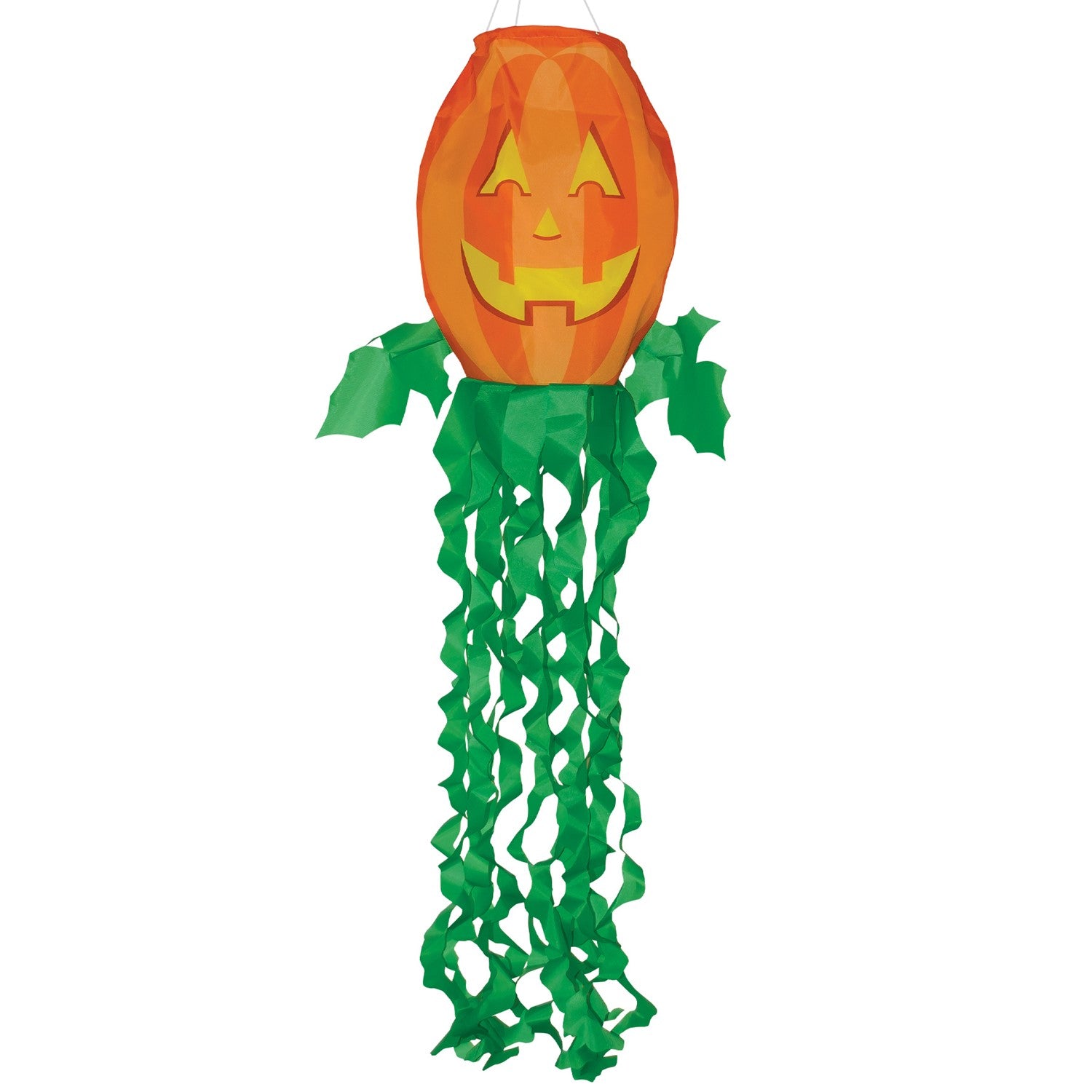Jack O' Lantern 3D windsock featuring a vibrant pumpkin design and curlie streamer tails, displayed outdoors, fluttering in the breeze.