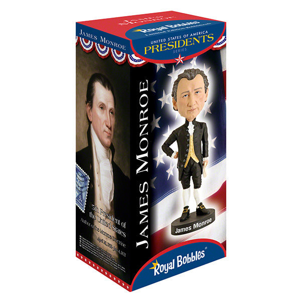 James Monroe bobblehead showcasing detailed features, crafted from heavyweight polyresin, and symbolizing the 5th President of the United States in vibrant colors.