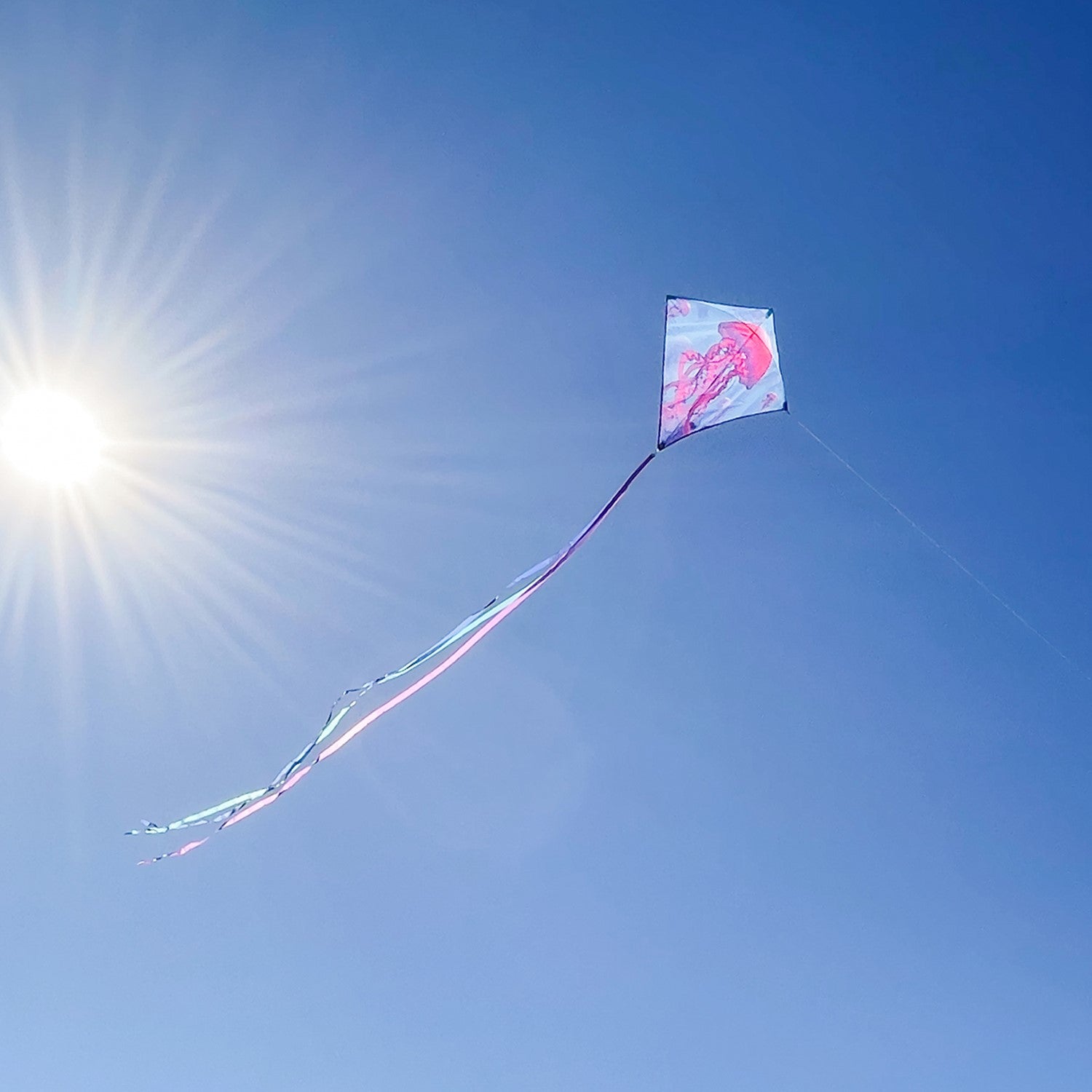 Jellyfish 30" Diamond Kite soaring against the blue sky with vibrant colors and tails, designed for easy flying.