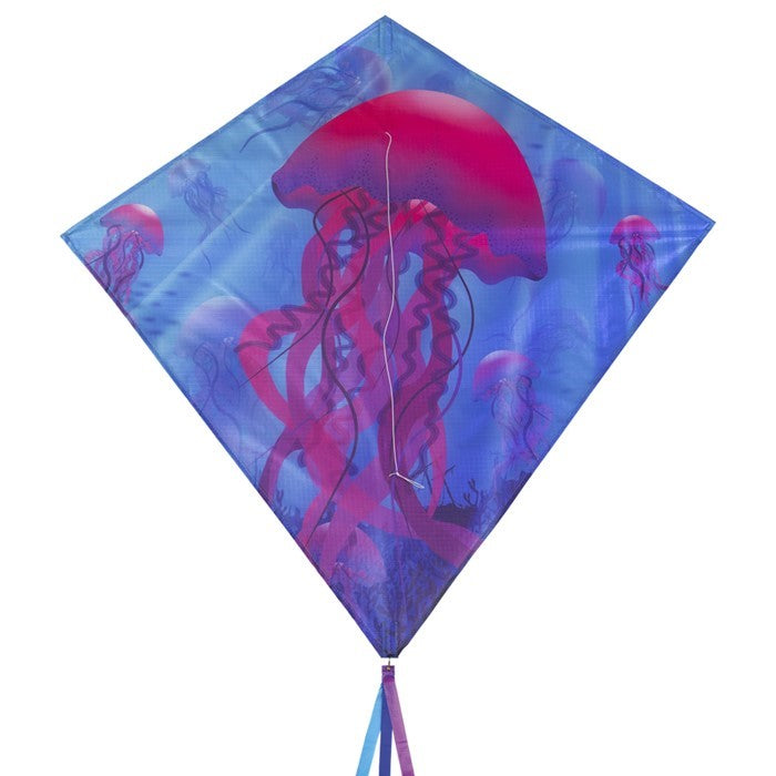 Jellyfish 30" Diamond Kite soaring against the blue sky with vibrant colors and tails, designed for easy flying.