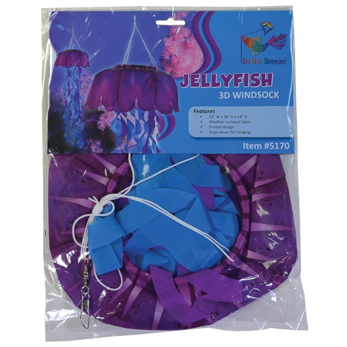 Jellyfish 3D Windsock in purple and blue colors hanging outdoors, showcasing vibrant tentacles fluttering in the wind against a bright sky.