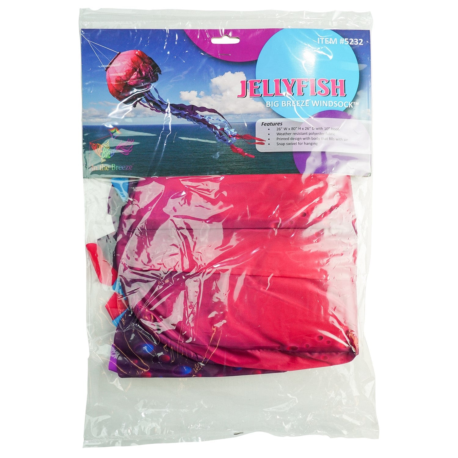 Colorful Jellyfish Big Breeze WindsockTM with flowing tentacles swaying in the wind, displayed in an outdoor setting to enhance the atmosphere.