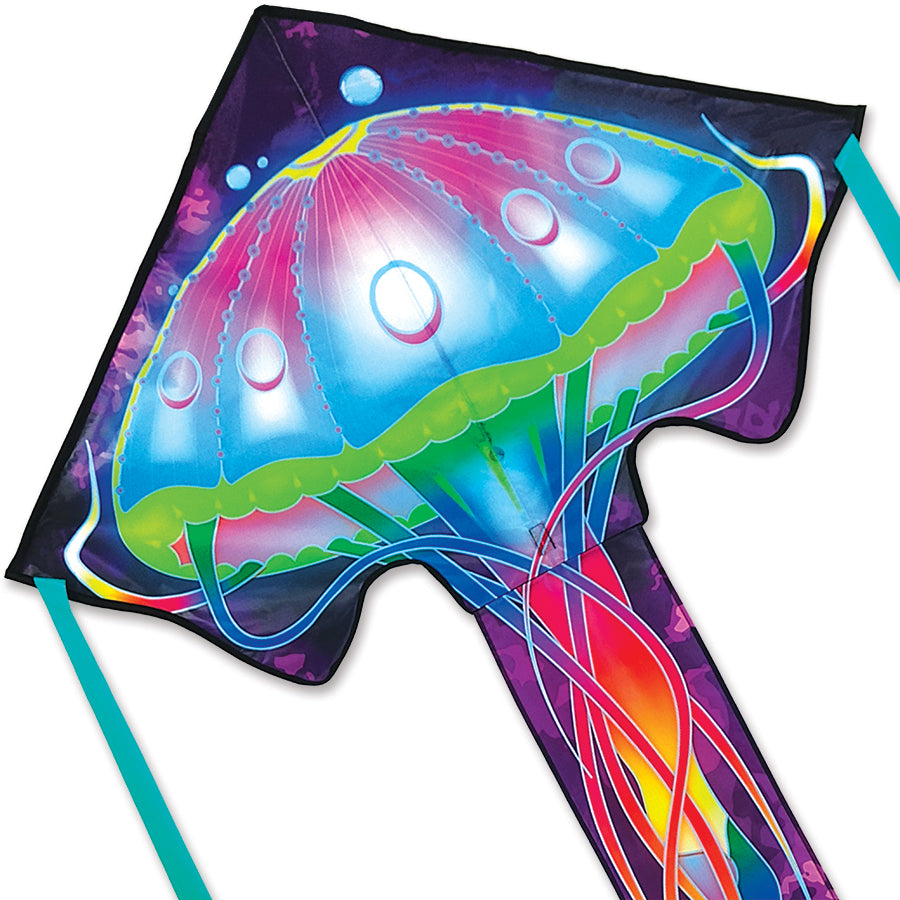 Jellyfish kite with long flowing tails, ripstop polyester sail, and fiberglass frame. Includes 300 ft of line. Designed for stable and easy flight.