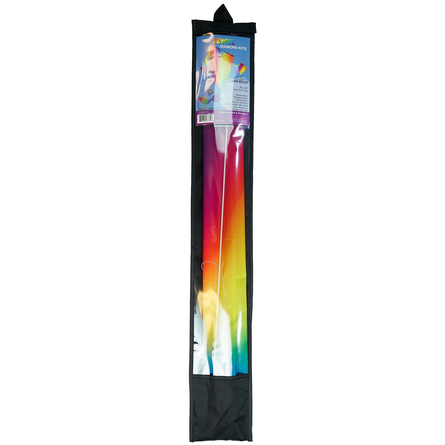 The Jewel 30" Diamond Kite features a vibrant color blend with a diamond shape, perfect for outdoor flying, complete with colorful tails for added fun.