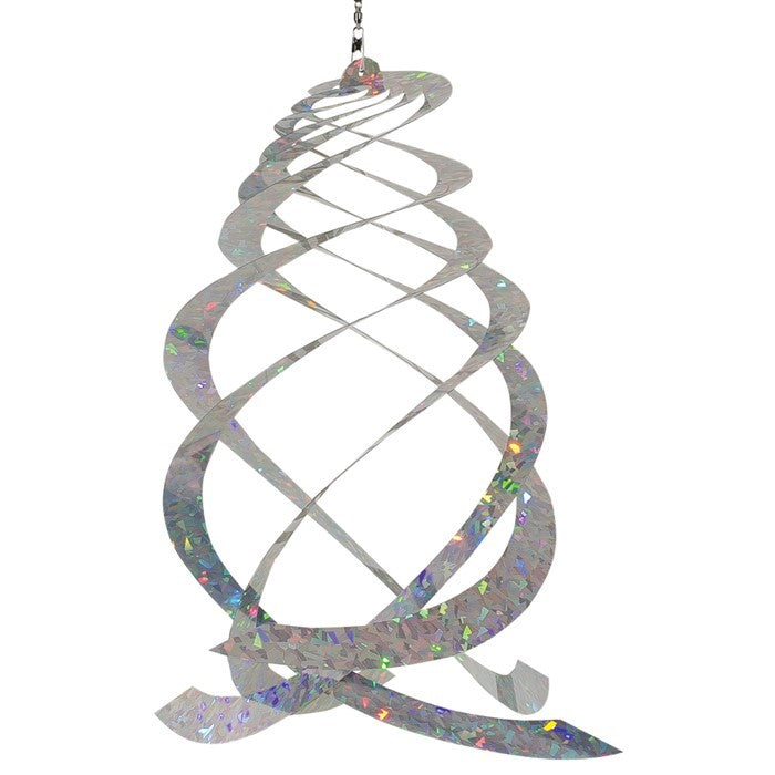 The Jewel Crystal Spinner displaying five reflective blades glimmering in sunlight, creating a spectrum of colors as it spins in a gentle breeze.
