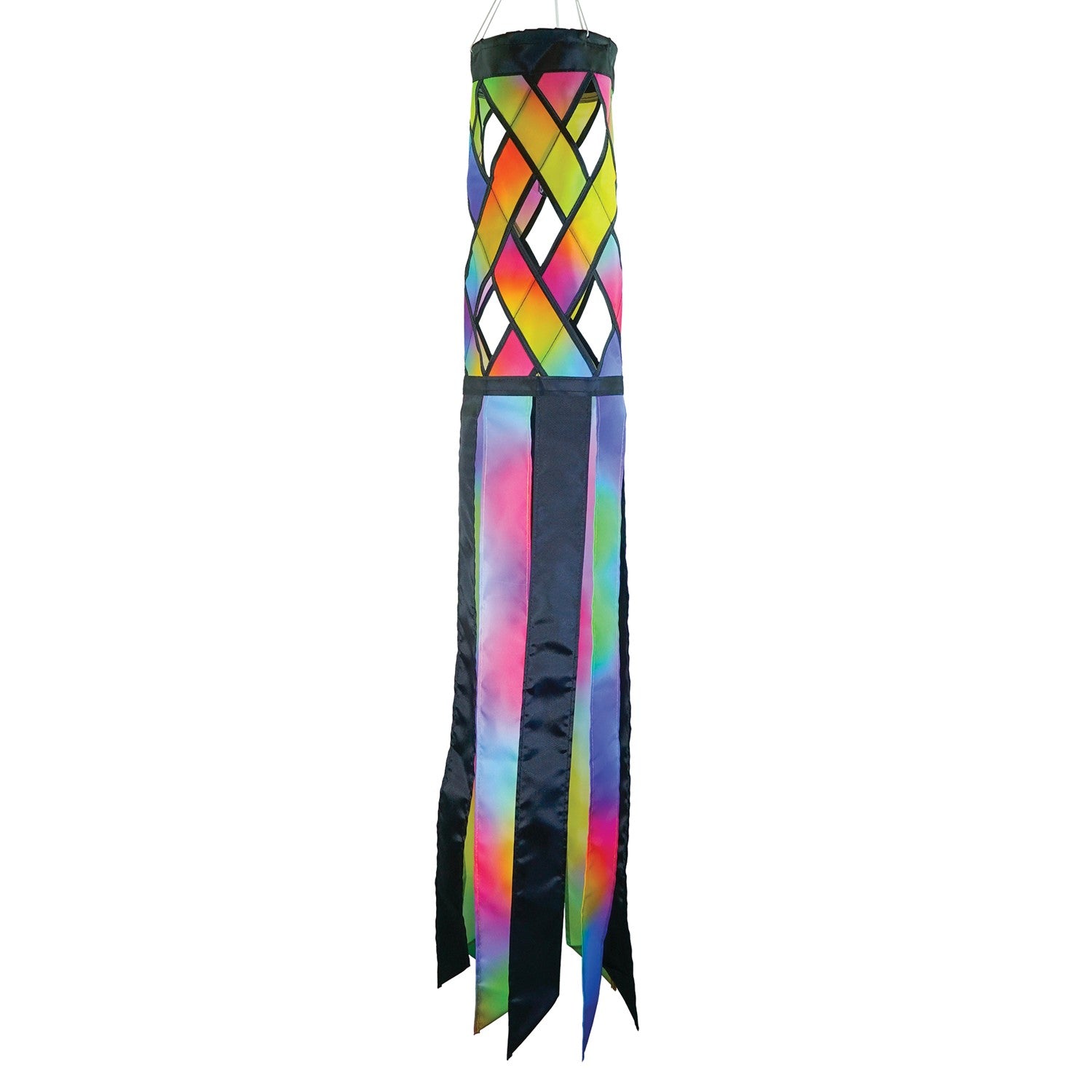 Jewel Diagonal Weave 40-inch windsock with bright jewel colors and black tails, fluttering in a light breeze, displayed in a garden area.