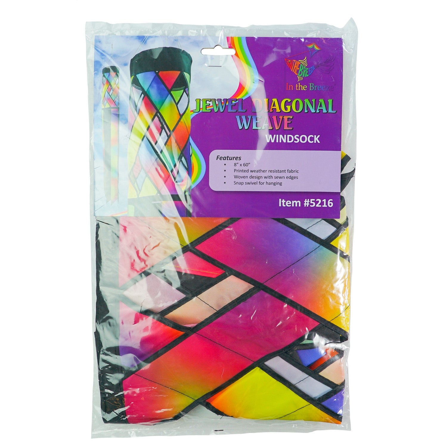 Brightly colored Jewel Diagonal Weave 60" Windsock showcasing jewel tones and black tails fluttering in the breeze, perfect for outdoor decor.