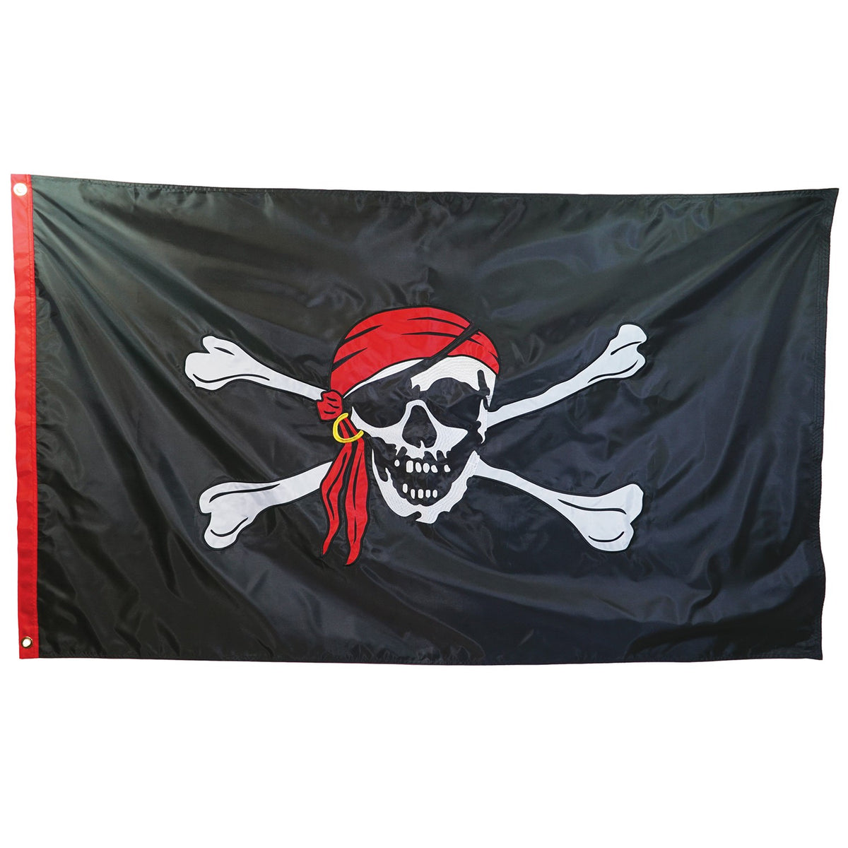 Jolly Roger Embroidered 3x5 Double Sided Grommet Flag displaying intricately stitched skull and crossbones design, set against a vivid backdrop, perfect for outdoor use.