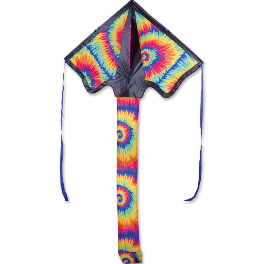 Jumbo Easy Flyer Kite in vibrant tie-dye pattern, showcasing its large size and colorful design against a bright sky during outdoor enjoyment.