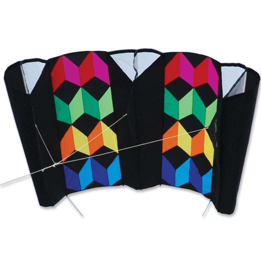 Jumbo Power Sled 36 Kite - Rainbow Illusion flying high in a clear sky, showcasing its large size of 127 x 59 inches with vibrant rainbow colors.