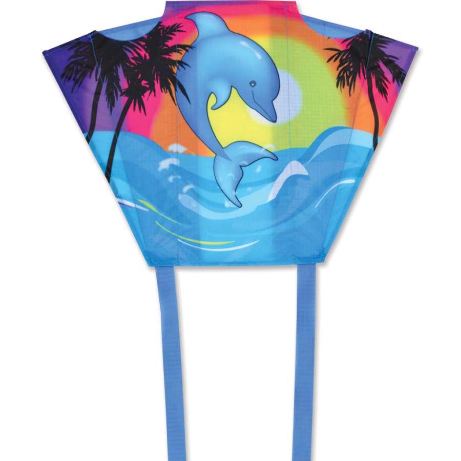 Keychain Kite featuring a vibrant dolphin design, measuring 18 x 12.75 inches, packed in a durable clamshell case with a key ring.