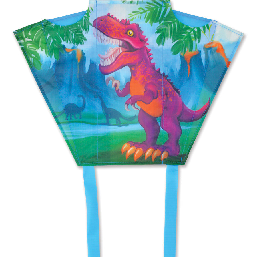 A colorful Keychain Kite - T-Rex with streamers flying in a blue sky, showcasing its fun design and compact size of 18 x 12.75 inches.