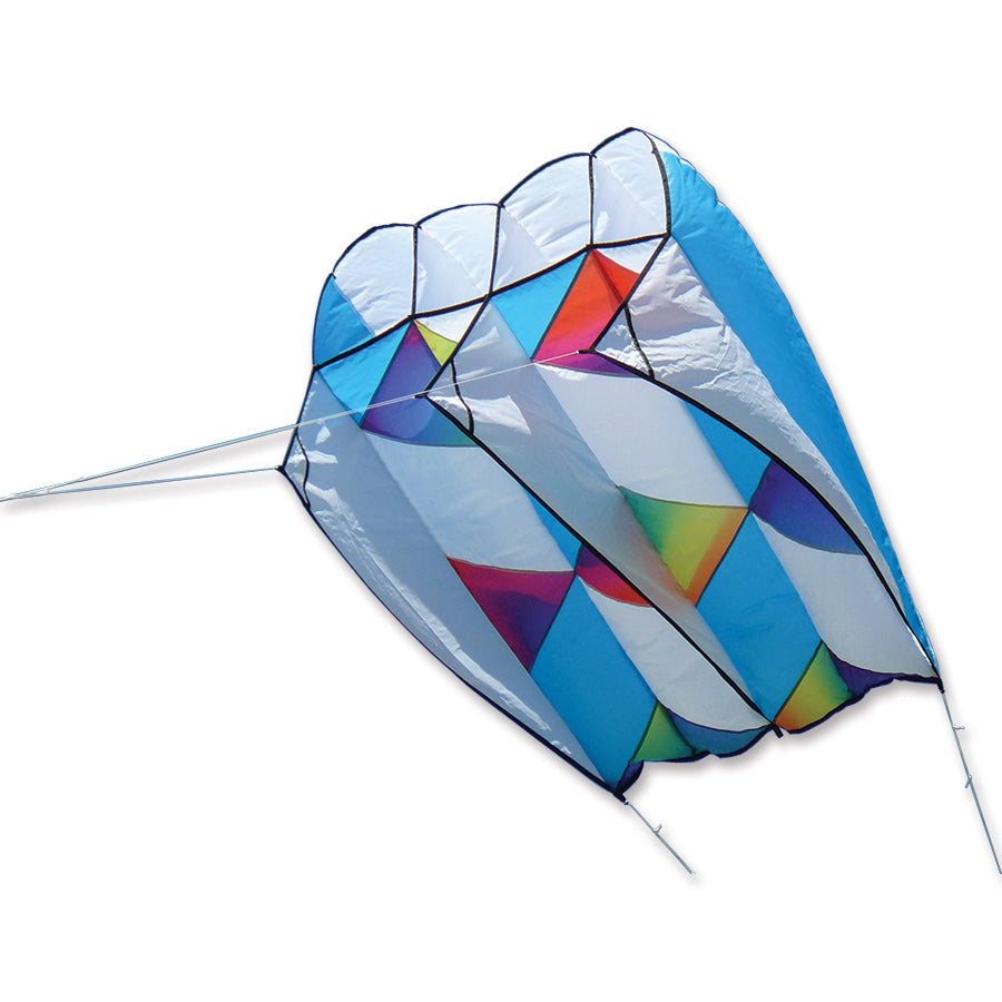 Killip Foil Kite 10 in Rainbow Cubes design, flying in a clear blue sky, showcasing vibrant colors and a 36 ft. fuzzy tail.