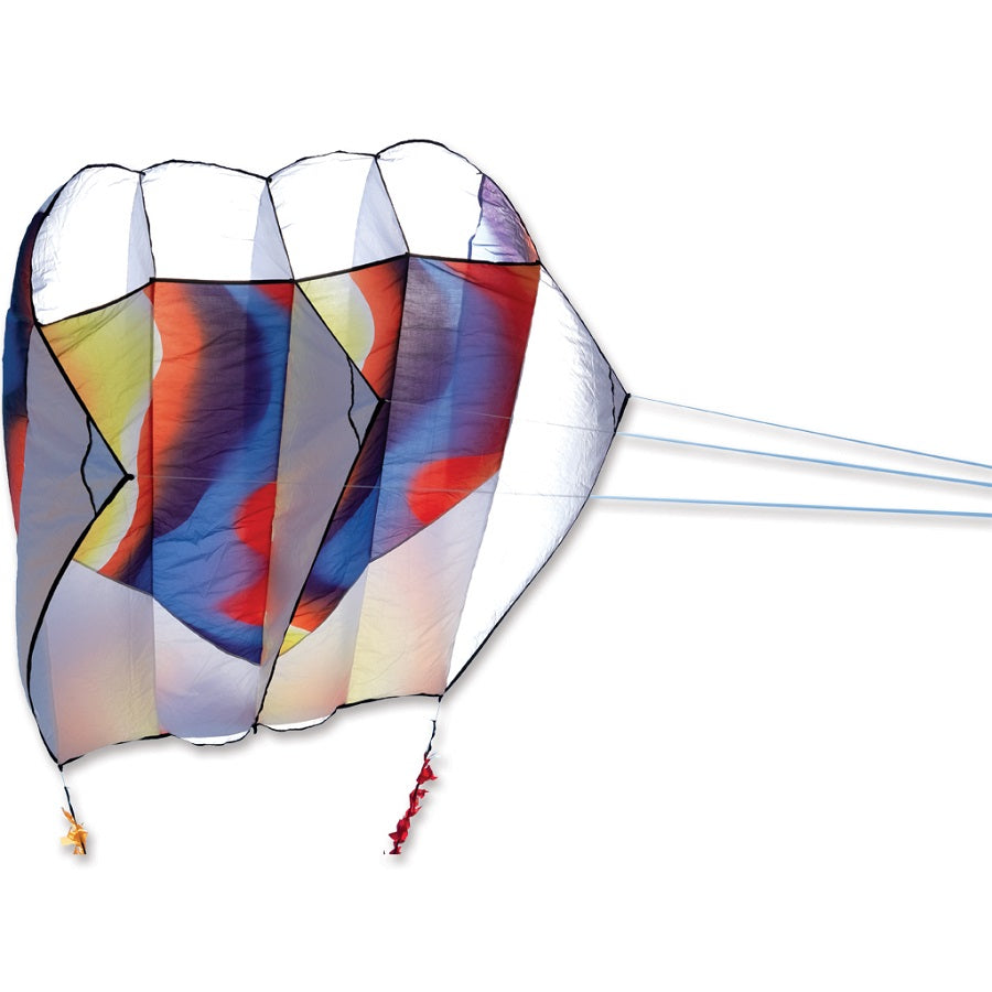 Killip Foil Kite 20 in Rainbow Chevron, featuring a colorful design, displayed soaring in the sky with a 50-foot fuzzy tail.
