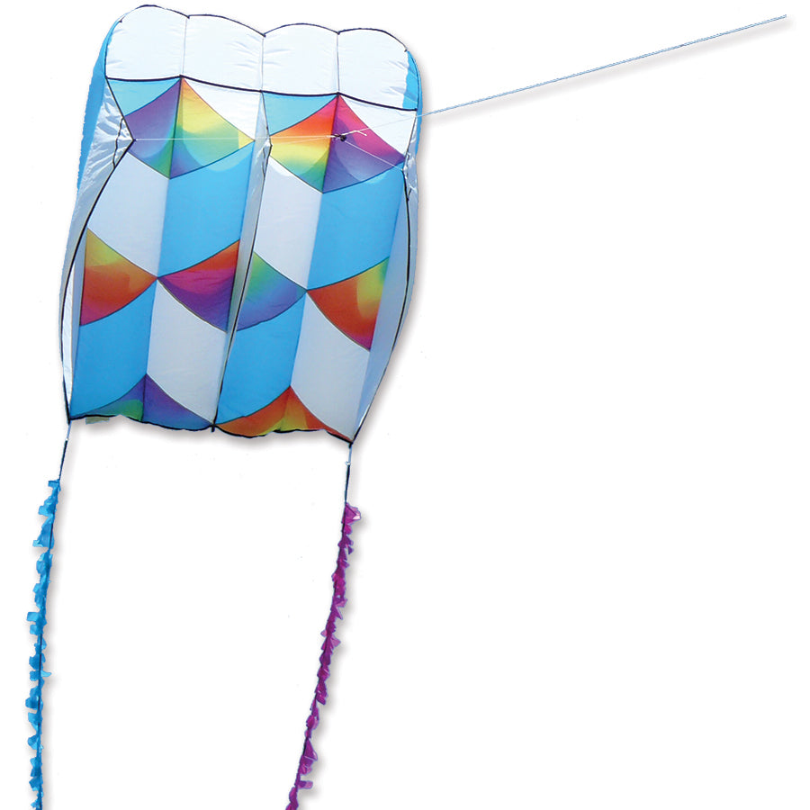 Killip Foil Kite 20 - Rainbow Cubes, 60x67 inches, soaring in the sky with a vibrant colorful design and a 50-foot fuzzy tail.