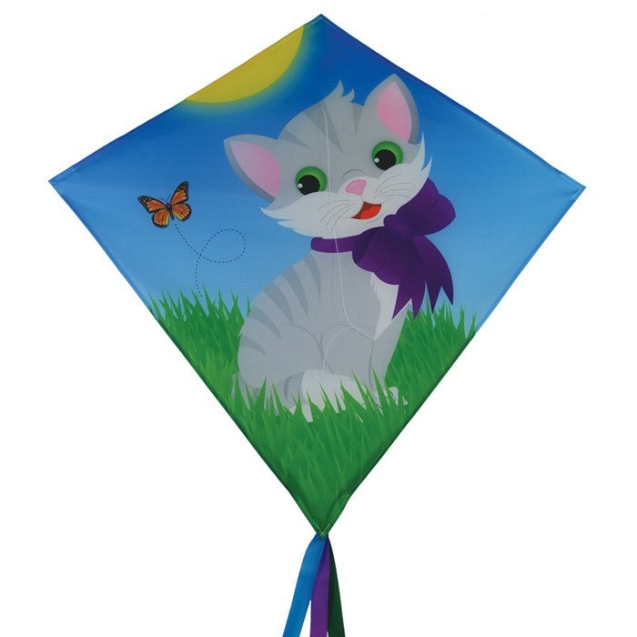 Colorful Kitten 30" Diamond Kite with a cheerful kitten design soaring against a bright blue sky, with tails fluttering in the wind.