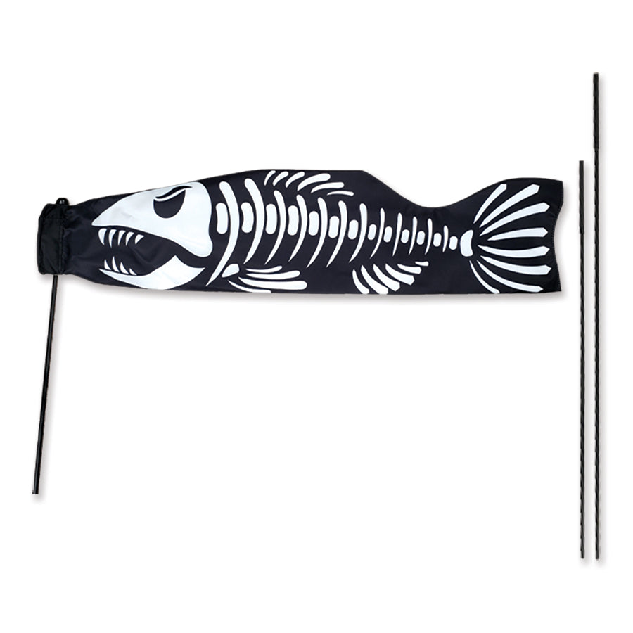 Koi Windsock bike flag featuring a skeleton fish design, displayed on a bike with a fiberglass pole in an outdoor setting.