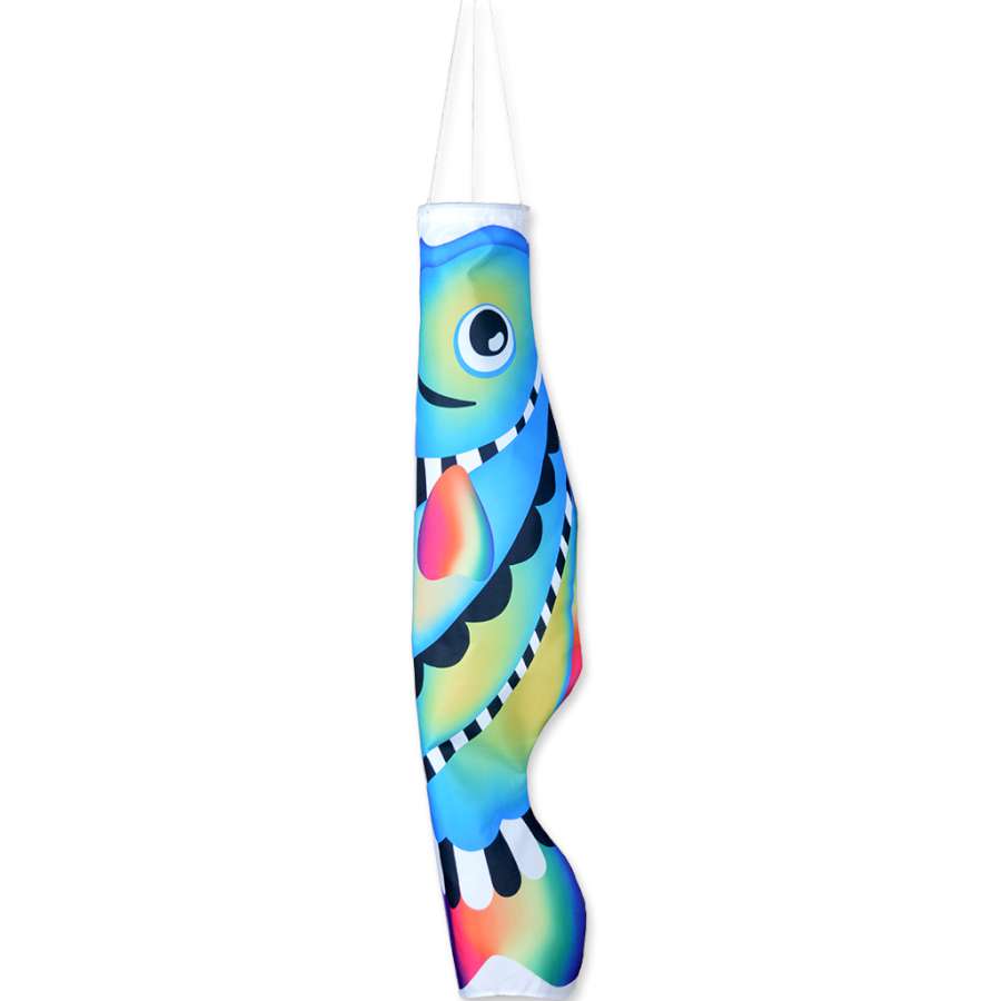 Koi Windsock - Cool Rainbow, a 36-inch windsock featuring a vibrant koi fish design, fluttering in the breeze in a colorful garden setting.
