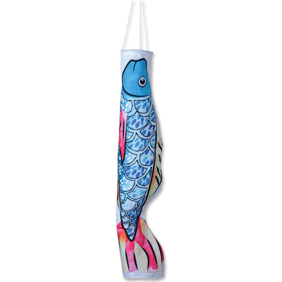 Koi Windsock in Dapple Blue design hanging from a pole, showcasing its vibrant colors and intricate patterns in an outdoor garden setting.