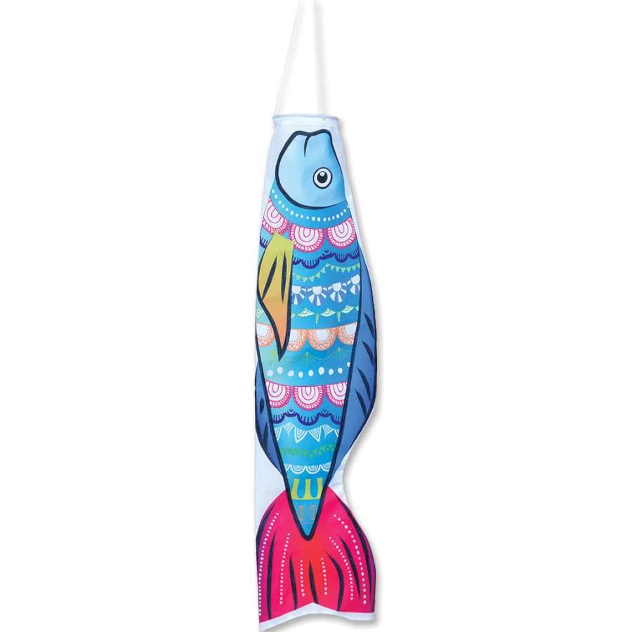 Koi Windsock - Mandala design, colorful and beautifully crafted, hanging gracefully in an outdoor garden setting.