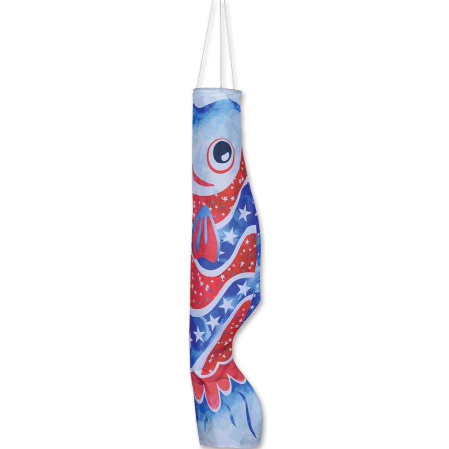 Koi Windsock shaped like a koi fish in patriotic colors, gracefully hanging outdoors in a garden setting, swaying in the breeze.