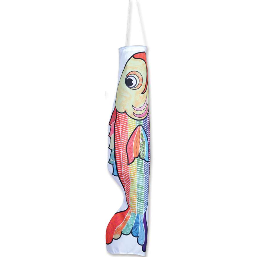 Koi Windsock - Pattern Rainbow depicted hanging outside, showcasing its vibrant colors and intricate koi fish patterns in a gentle breeze.