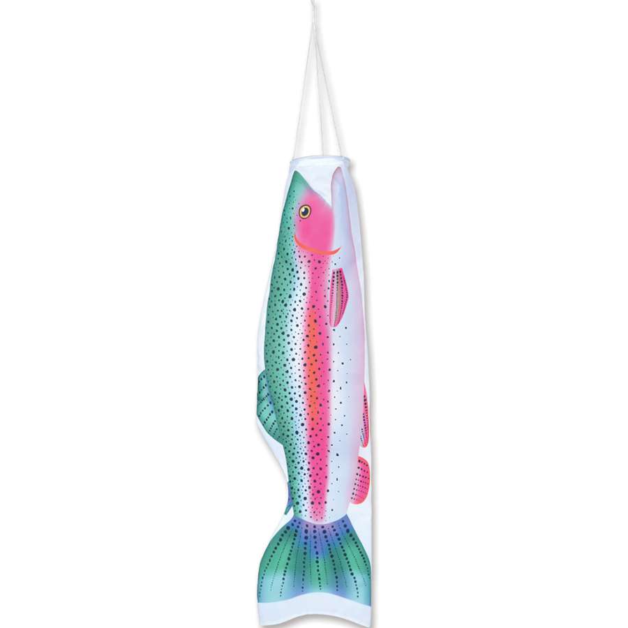 Koi Windsock - Rainbow Trout, 60-inch colorful accent piece suspended outdoors, gently swaying in the breeze, enhancing garden decor.