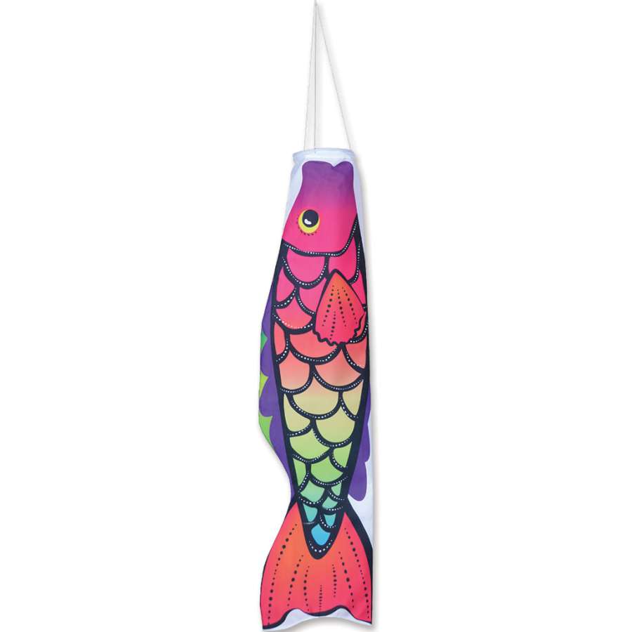 Koi Windsock - Warm Tropical 30-inch decoration featuring a vibrant koi fish design fluttering in the breeze in an outdoor garden setting.