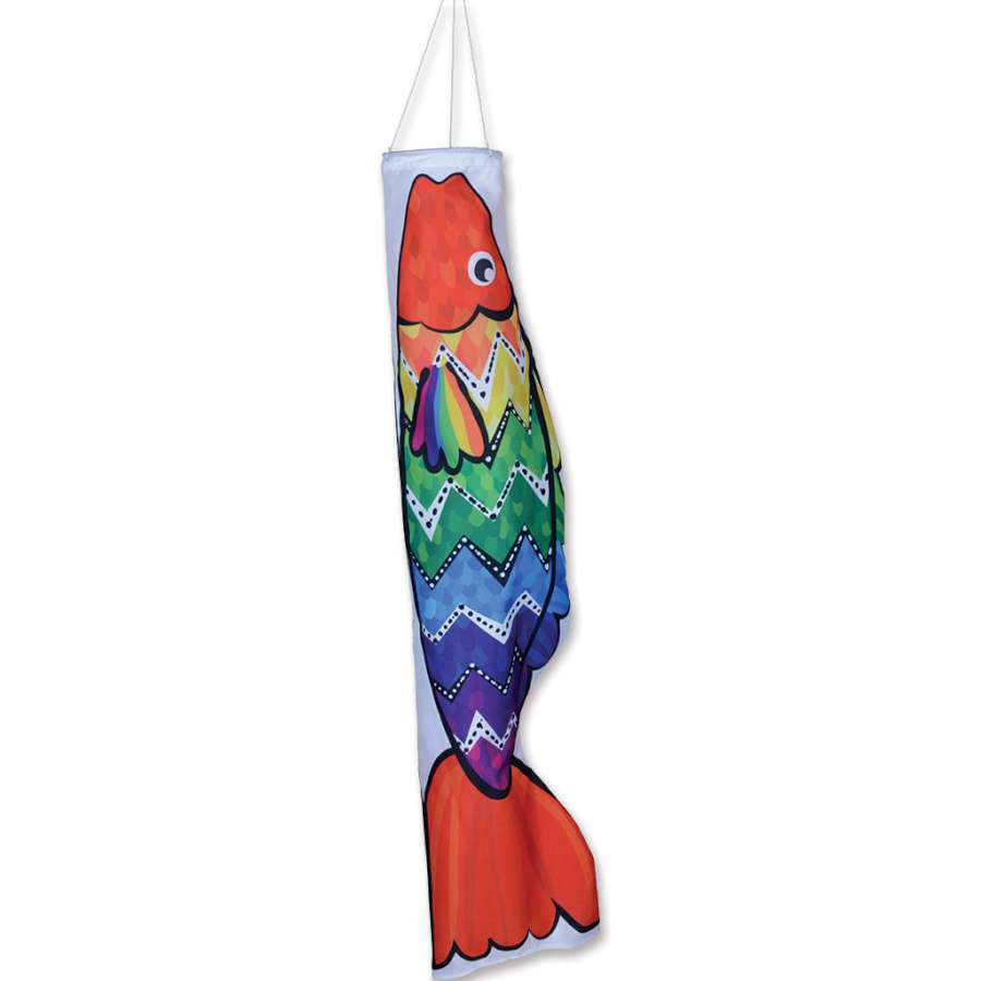 Koi Windsock - Zigzag Rainbow design, 50 inches long, fluttering in a gentle breeze, showcasing its vibrant colors outdoors.