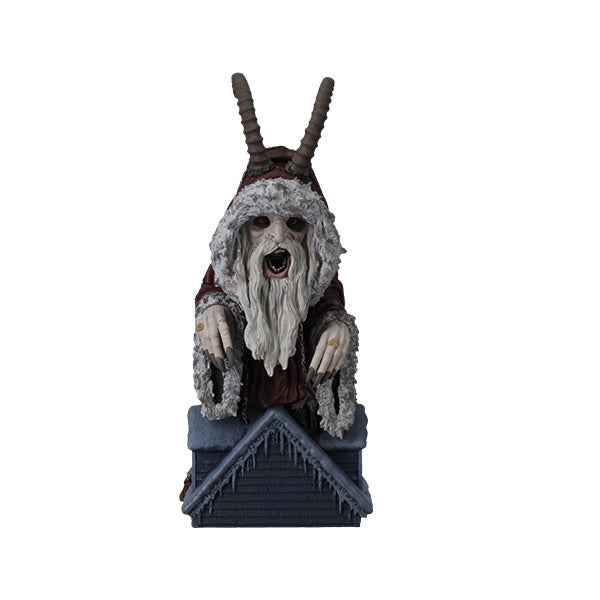 Krampus Bobblehead featuring intricate details and vibrant colors, stands 8 inches tall, embodying holiday spirit with a horror twist.