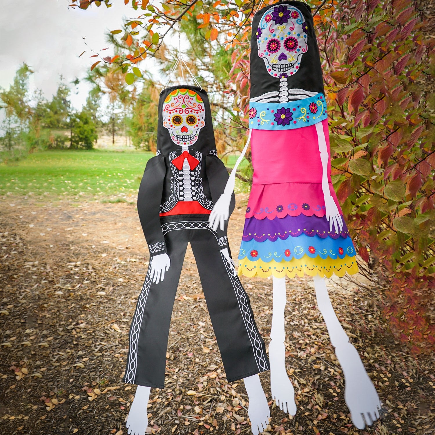 La Catrina 40-inch Breeze Buddy colorful windsock featuring sugar skull design with free-flowing arms and legs, perfect for outdoor Halloween decor.