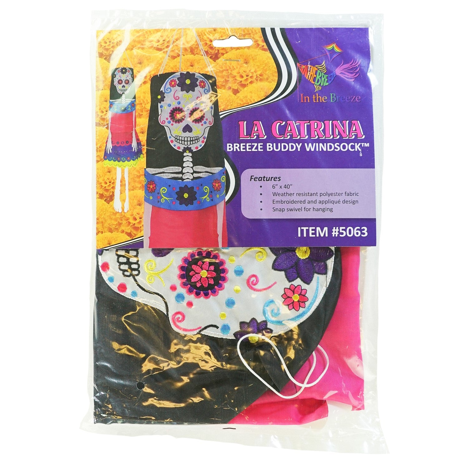 La Catrina 40-inch Breeze Buddy colorful windsock featuring sugar skull design with free-flowing arms and legs, perfect for outdoor Halloween decor.