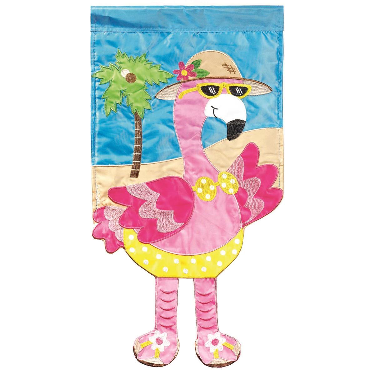 Large Crazy Leg Flamingo Hat Banner Flag, 20x29, featuring whimsical flamingo legs and vibrant colors displayed in a garden.